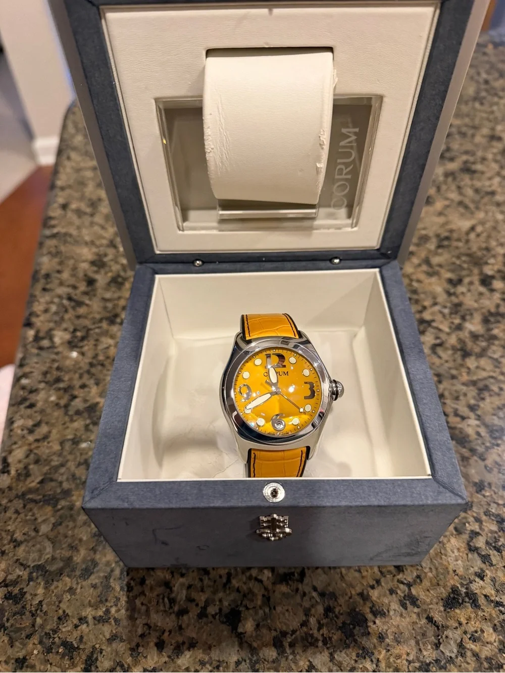 Corum Bubble -- Men's Yellow Dial Leather Strap Watch